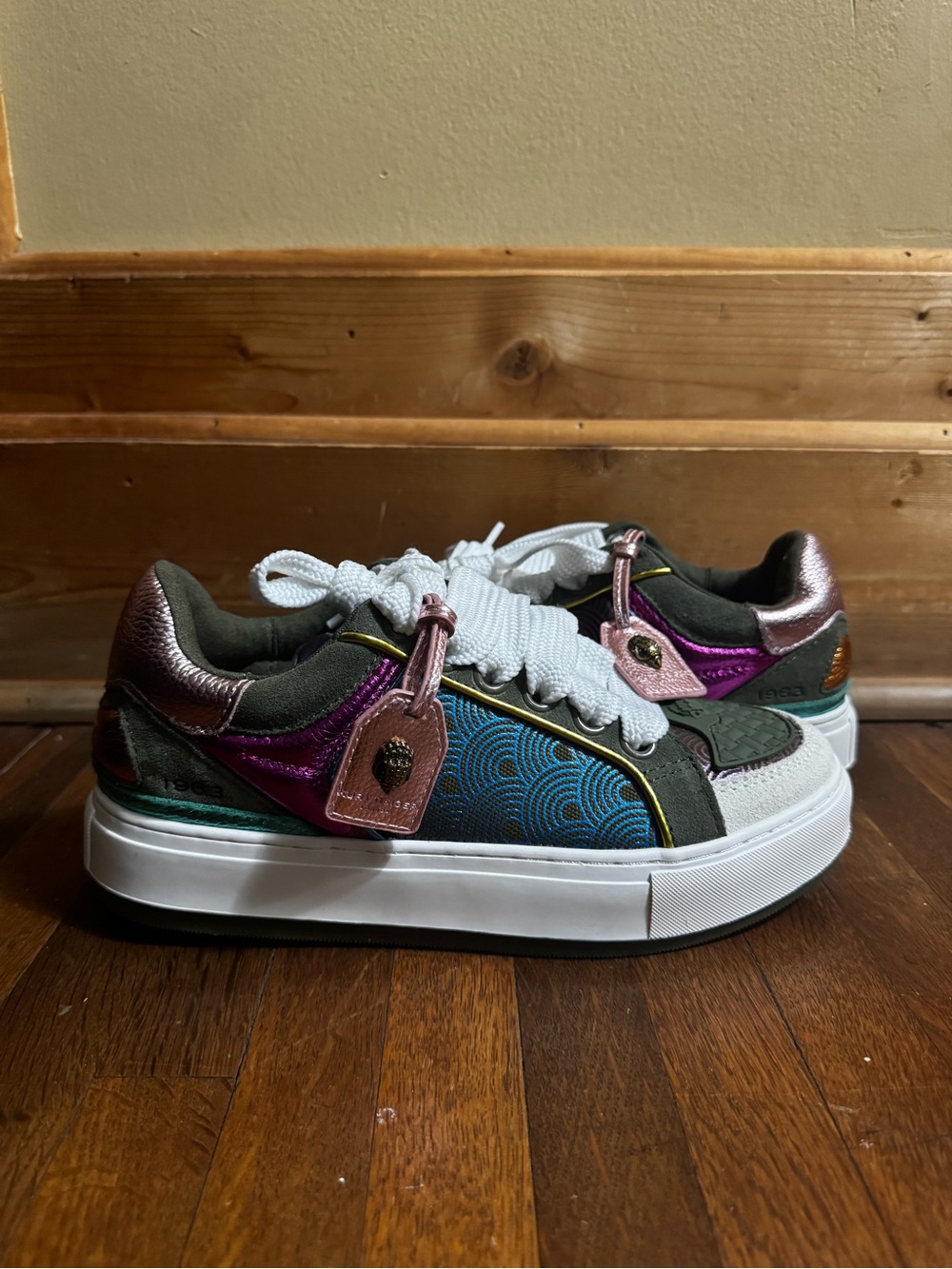Kurt Geiger Olive Green, White & Pink Mixed-Media Sneakers
